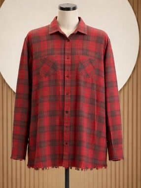 O Neill Jacks Women's Red Plaid Tunic Shirt-Casual Button-Up Natural Distressed
